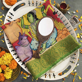 Vriksham Classic Krishna With Cow Art Printed With Green Border Pen Kalamkari Saree-VS4800